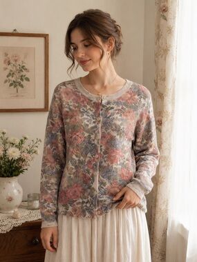 Grandmacore Floral Knit Cardigan Cottagecore Coquette Women M/L Fairy Prairie
